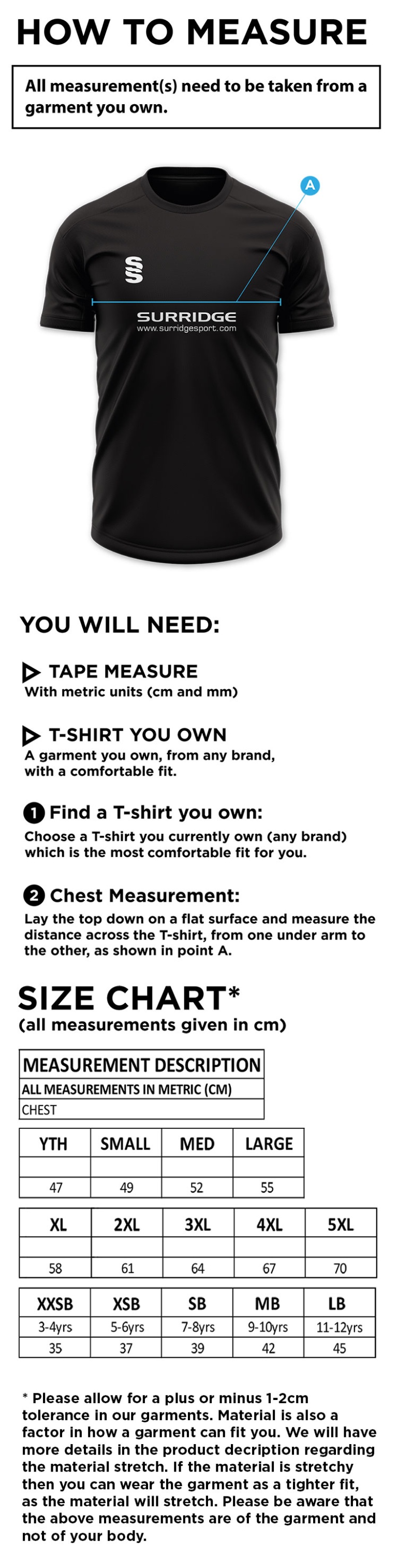 Porchfield CC - Blade Training Shirt - Size Guide