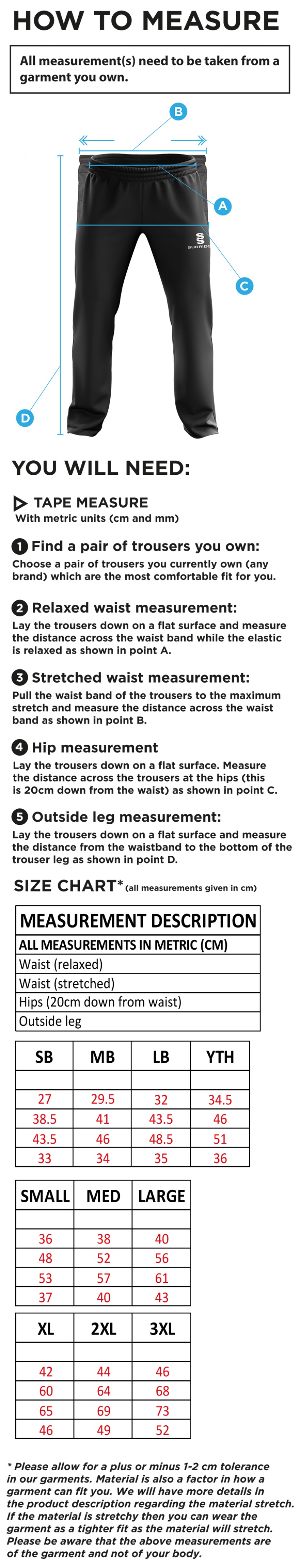 Porchfield CC - Ripstop Track Pants - Size Guide