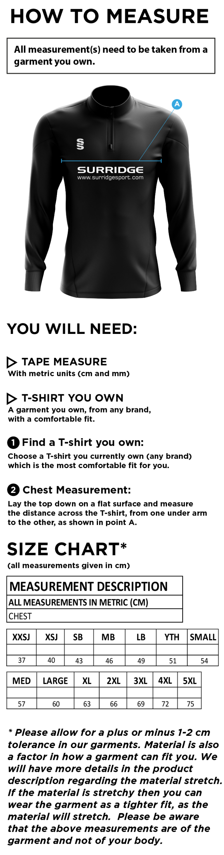 Porchfield CC - Performance Top - Size Guide