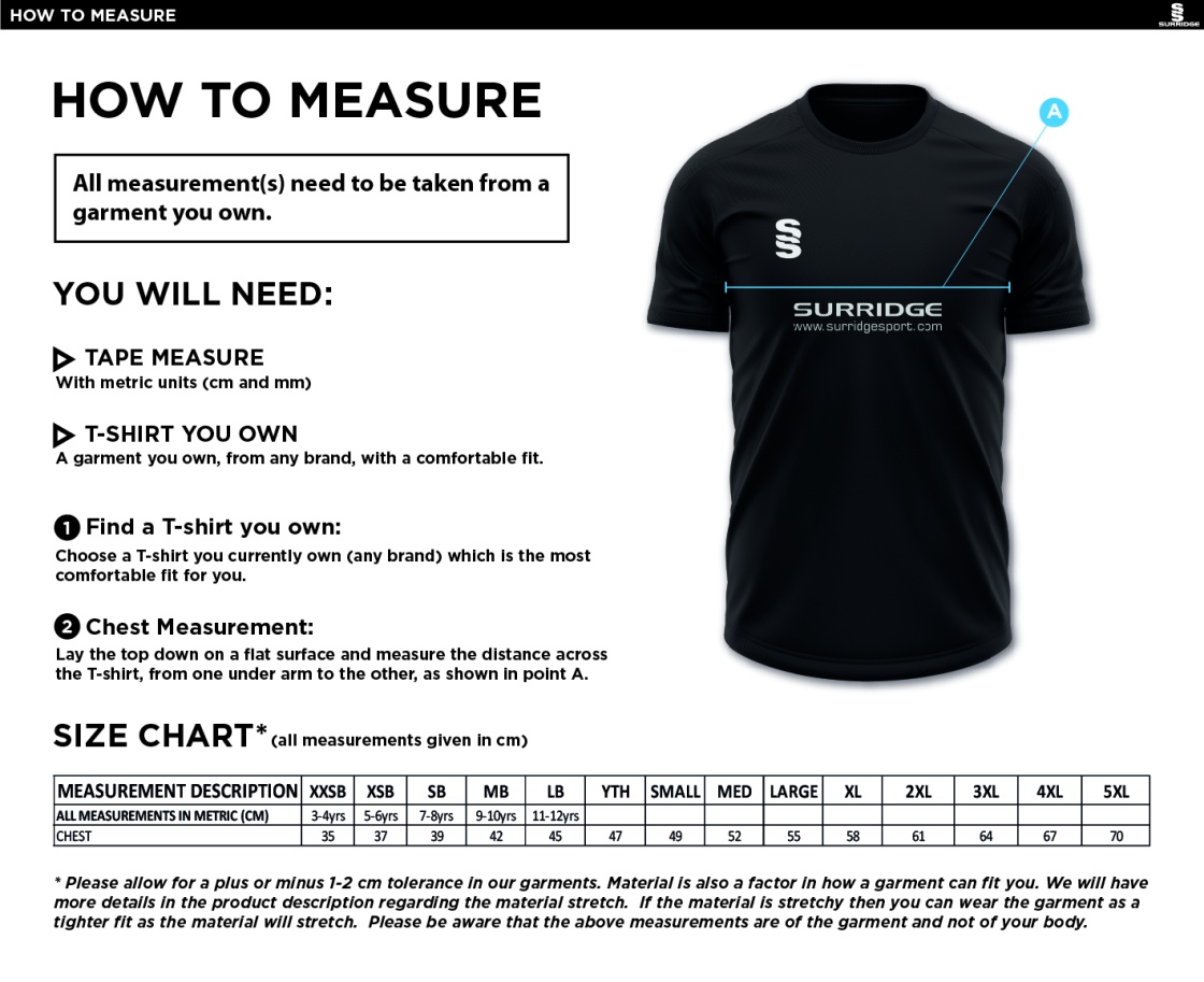 Porchfield CC - Bar Staff Training Shirt - Size Guide