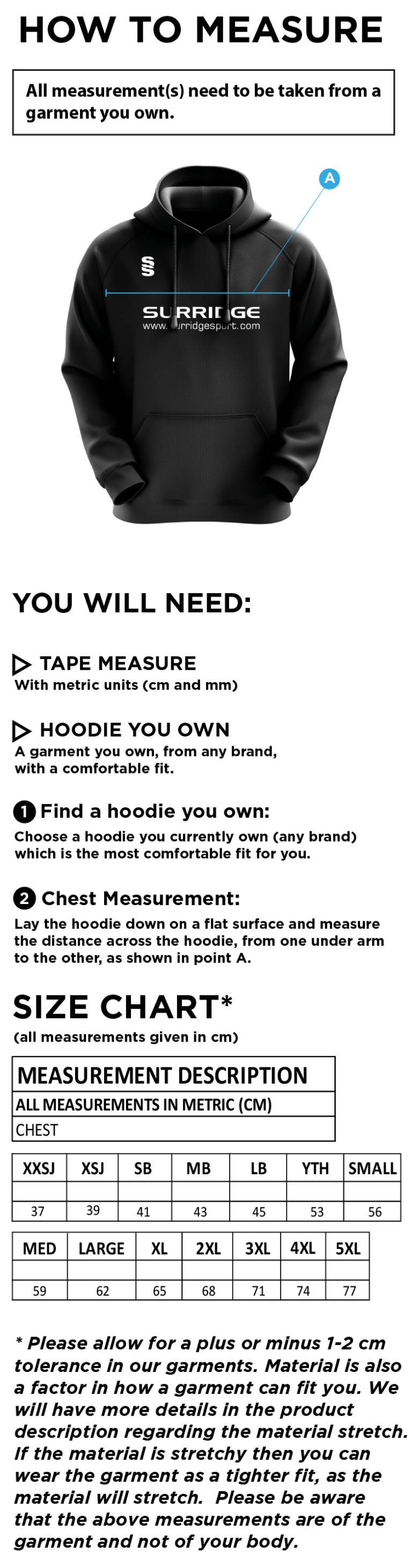 Porchfield CC - Fuse Hoody - Size Guide