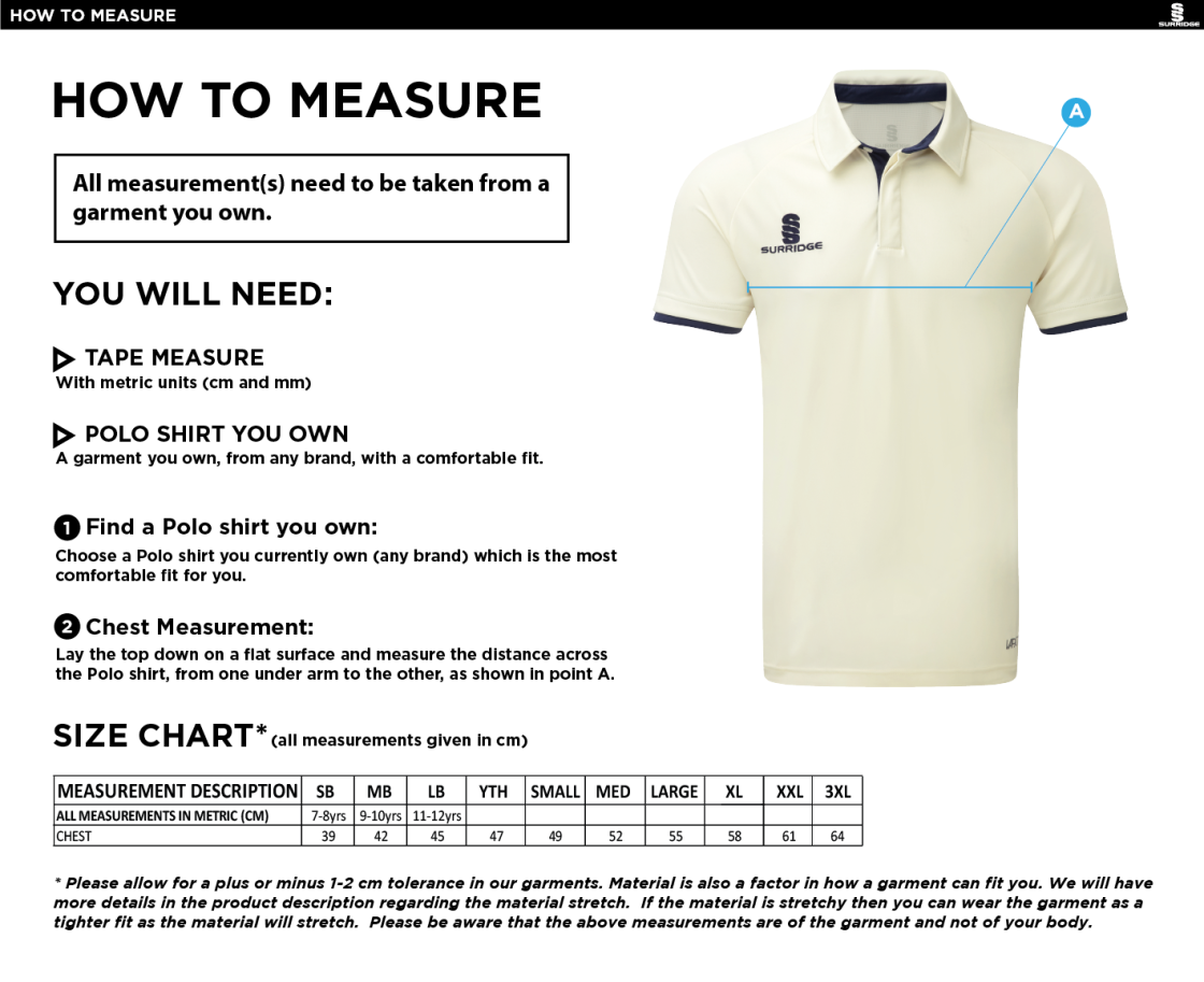 Porchfield CC - Short Sleeved Cricket Shirt - Size Guide