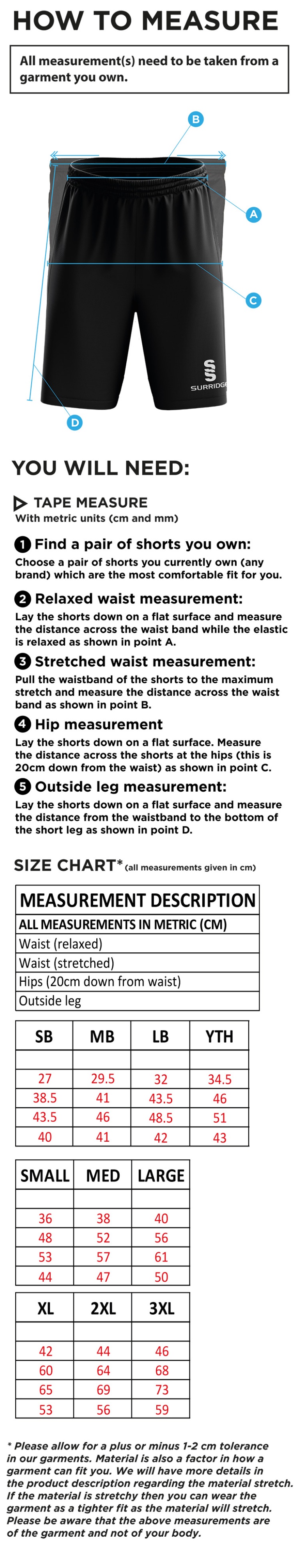 Porchfield CC - Blade Training shorts - Size Guide