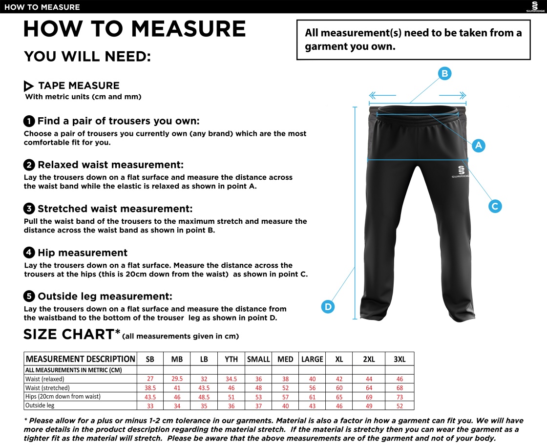 Porchfield CC - Ripstop Track Pants - Size Guide