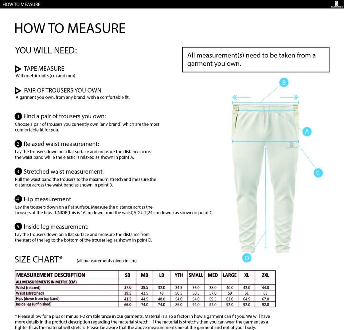 Porchfield CC - Tek Playing Trousers - Size Guide