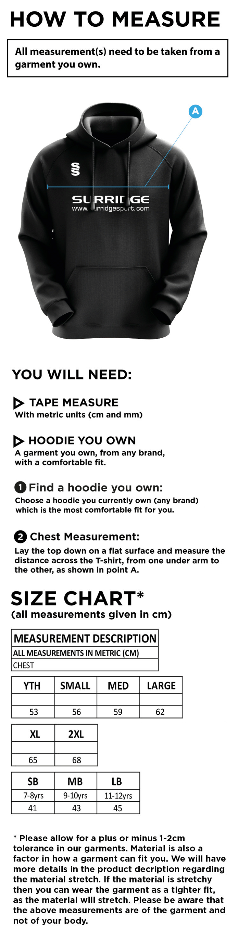 Porchfield CC Blade Hoody - Size Guide