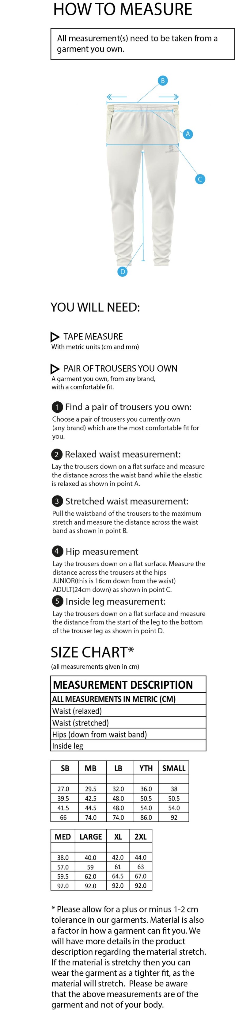 Porchfield CC - Tek Playing Trousers - Size Guide