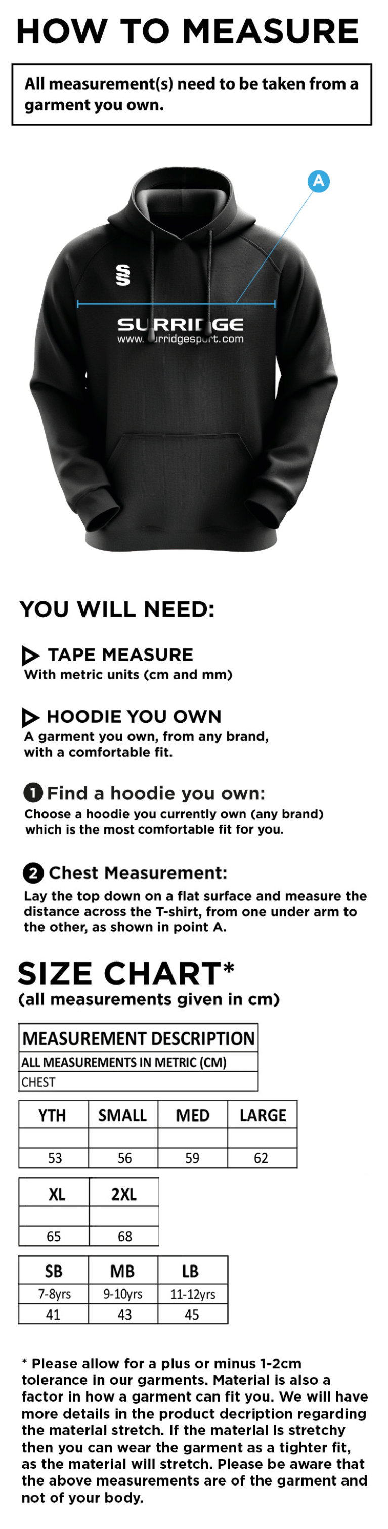 Porchfield CC - Blade Hoody - Size Guide