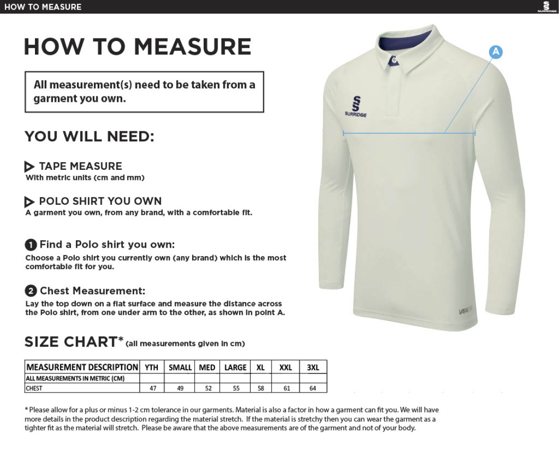 Porchfield CC - Long Sleeved Cricket Shirt - Size Guide